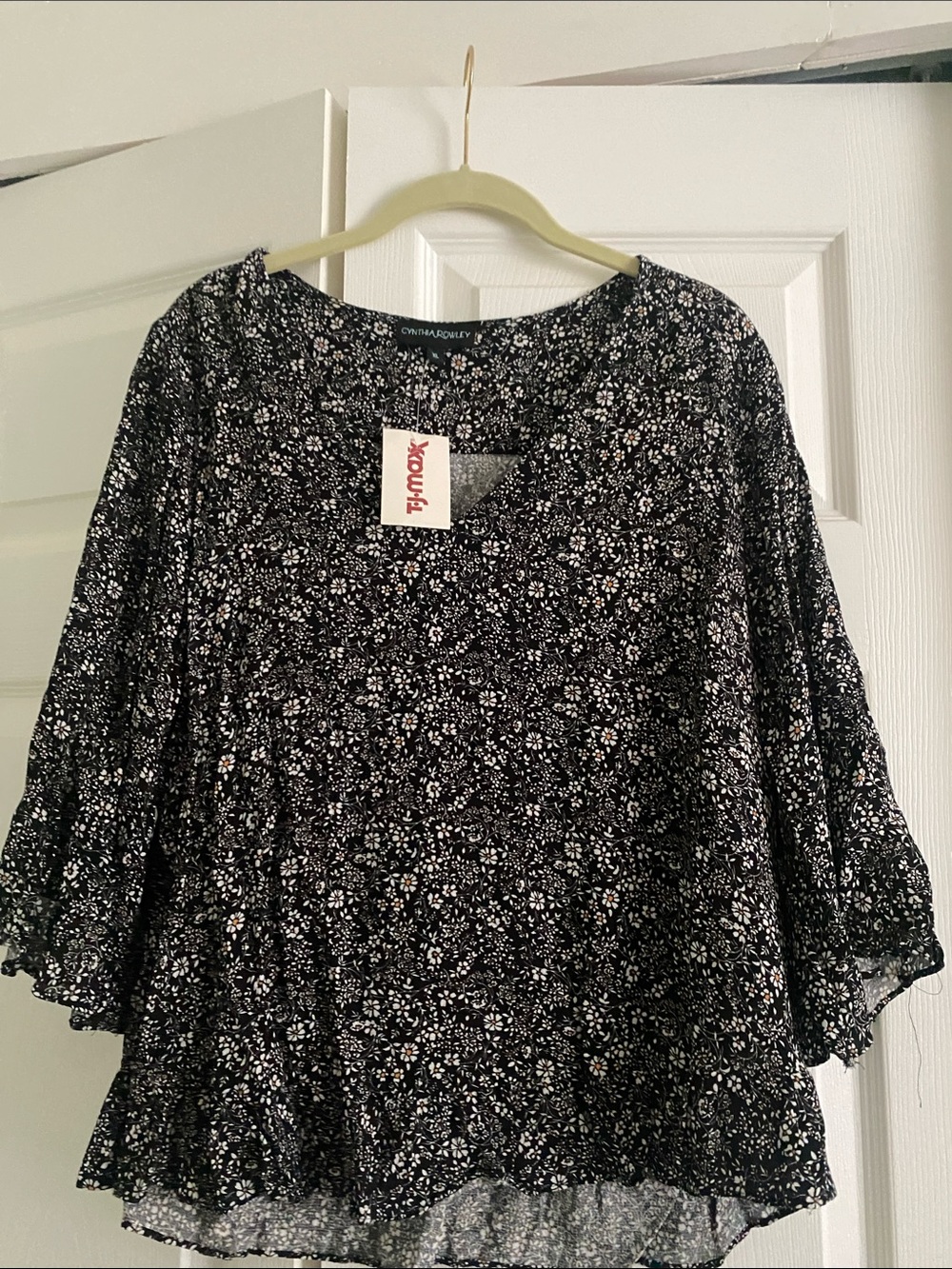 Cynthia Rowley Black Floral Peasant Top